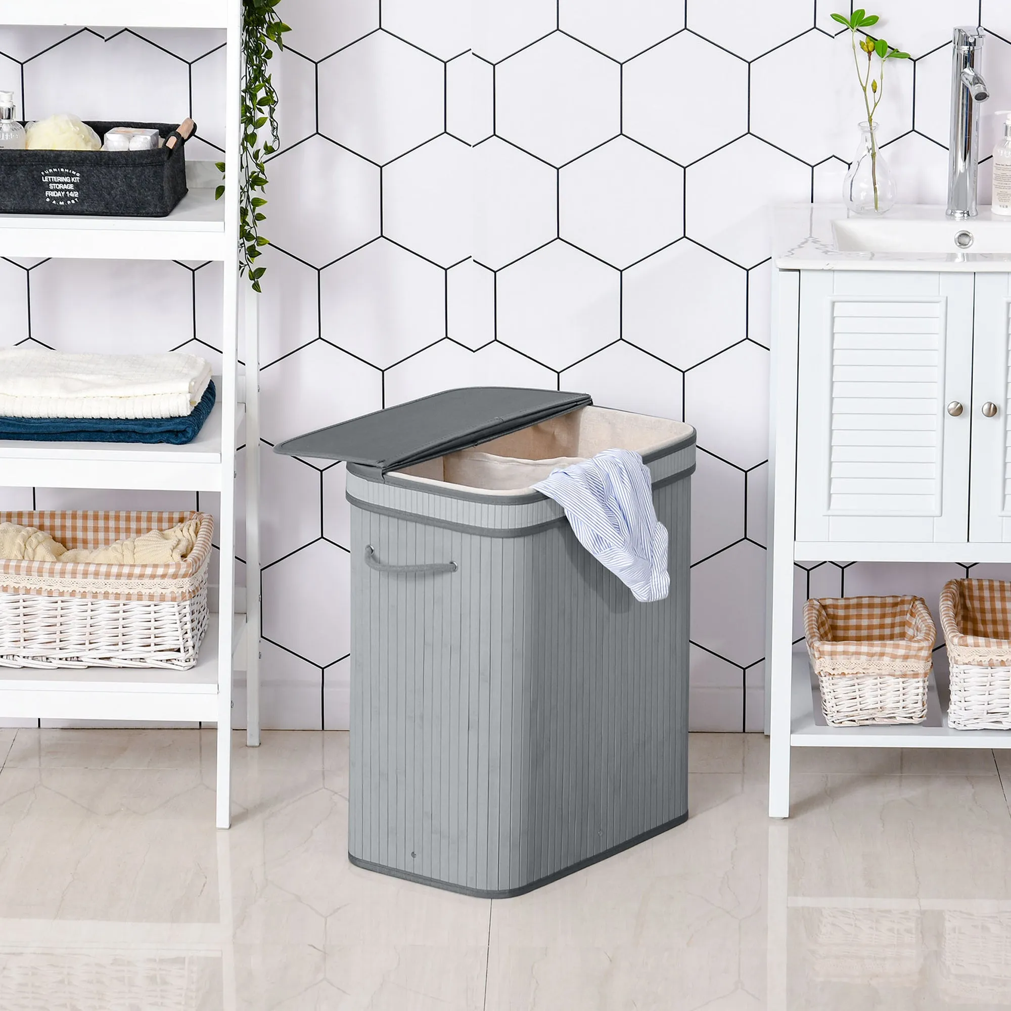 100L Natural Wood Laundry Basket One Compartment w/Flip Lid Removable Lining Handles Board Base Durable Water-Resistant Dirty Clothes Grey