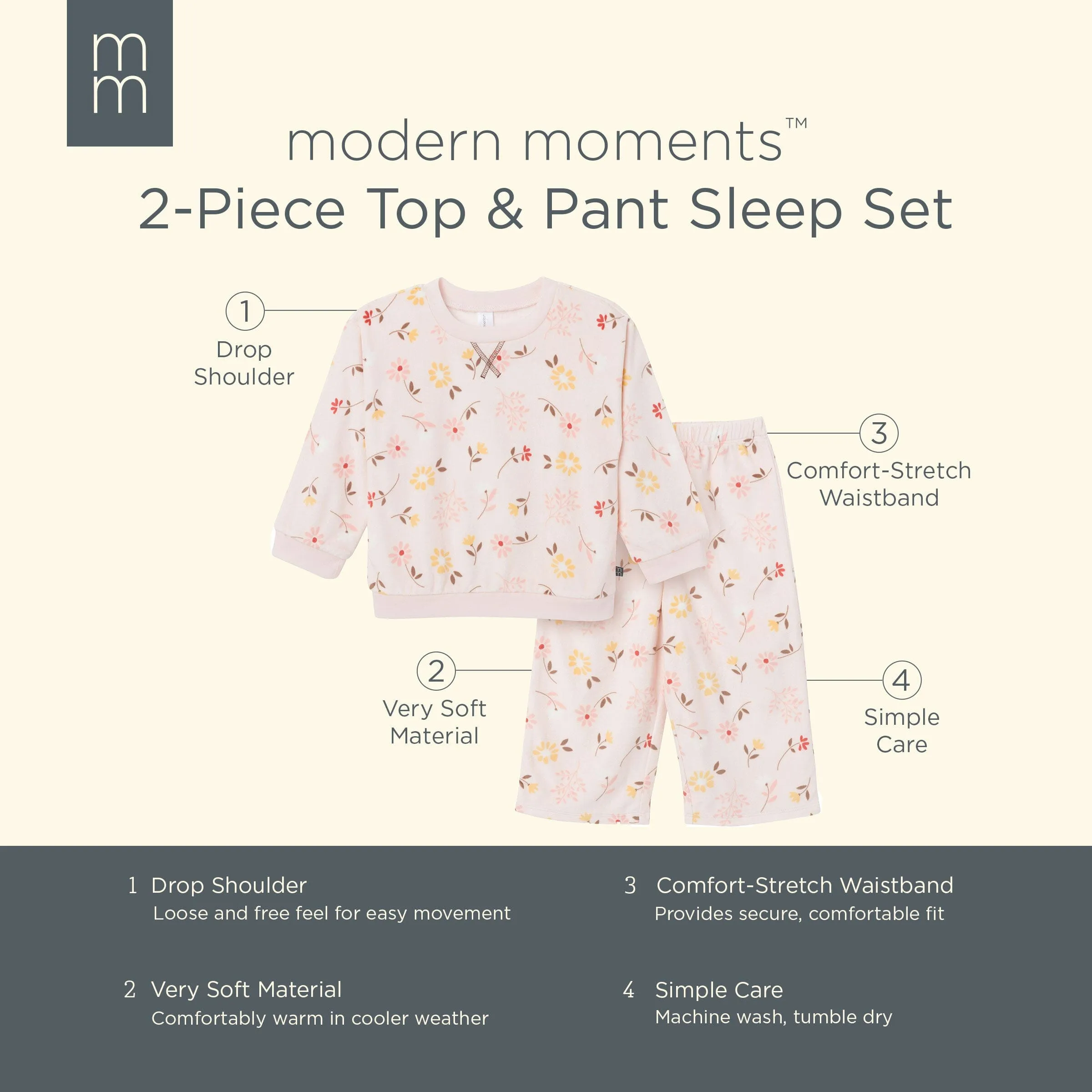 2-Piece Infant & Toddler Girls Light Pink Falling Flower Fleece Pajama Set