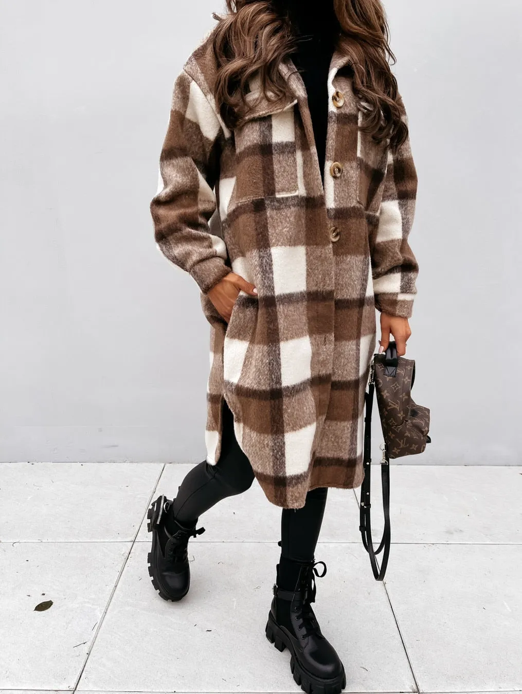 2022 new Women Super Long Checked Jacket Casual Oversized Shirt Jackets