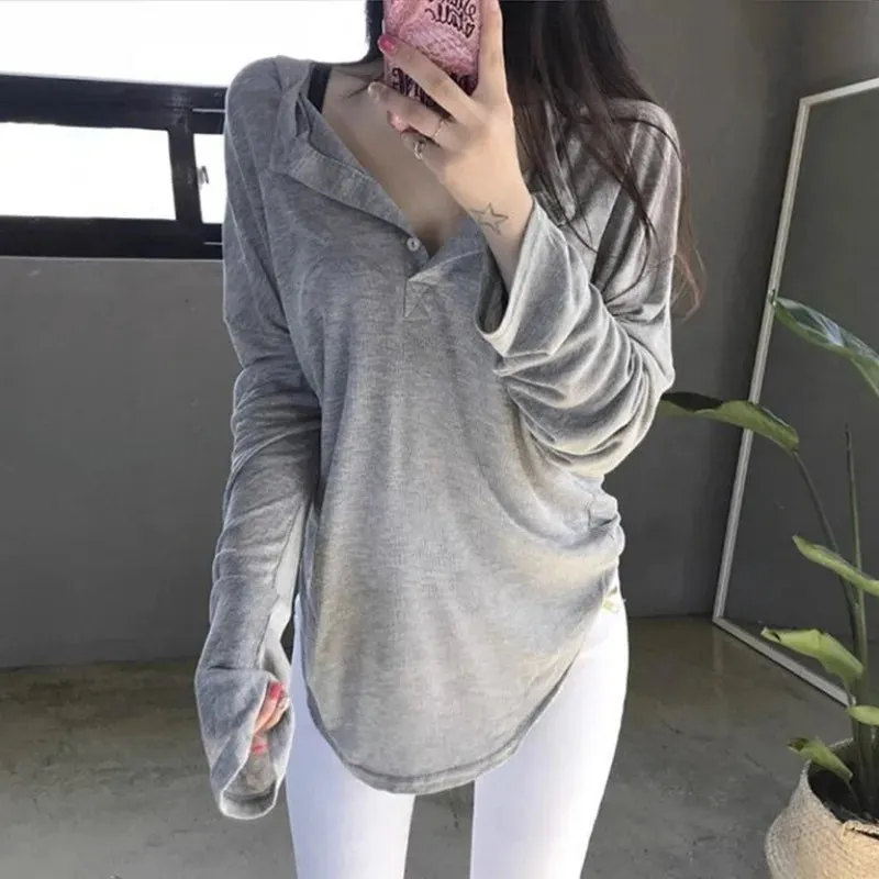 Advbridge - Pure Sexy Style Hot Girl Curved Hem Long-sleeved T-shirt Women's Spring Loose Casual Sun Protection Base Shirt Female Clothes