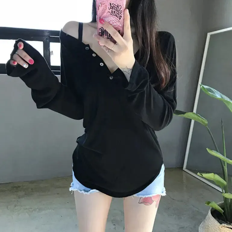 Advbridge - Pure Sexy Style Hot Girl Curved Hem Long-sleeved T-shirt Women's Spring Loose Casual Sun Protection Base Shirt Female Clothes