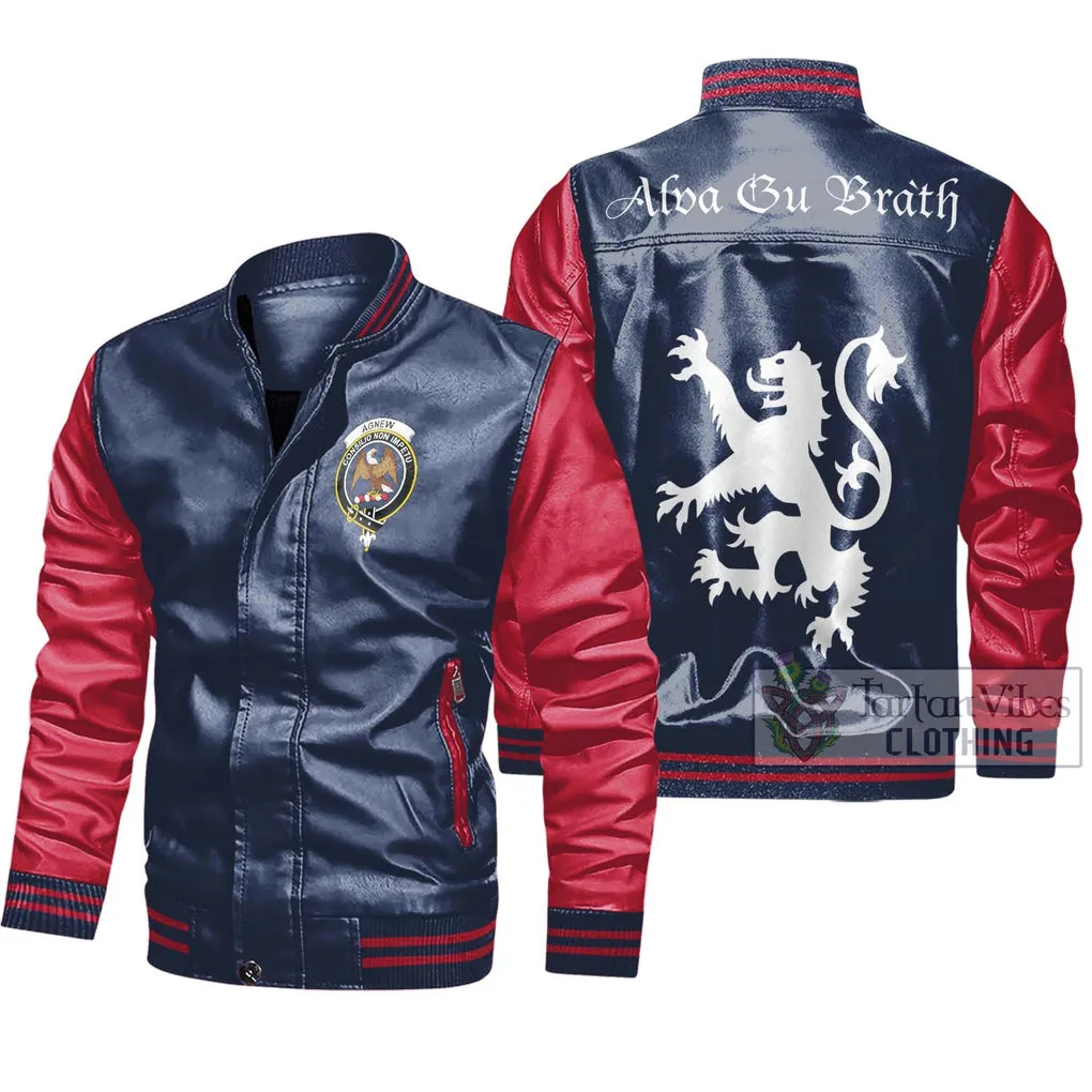 Agnew Family Crest Leather Bomber Jacket Lion Rampant Alba Gu Brath Style