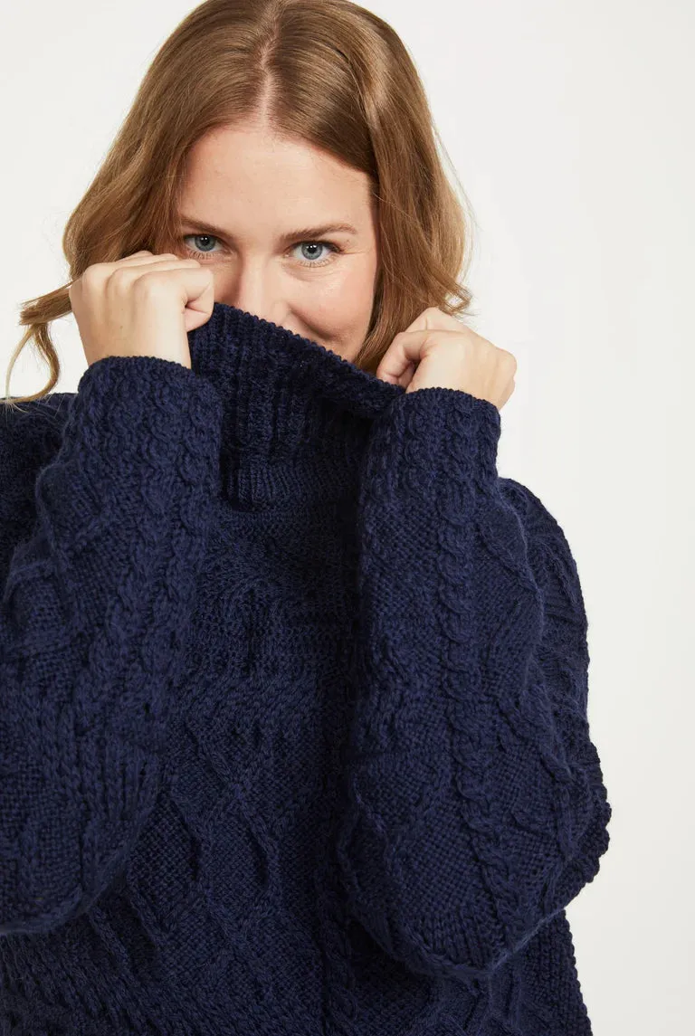 Aran - Merino Oversized Sweater with Cowl Neck - Navy