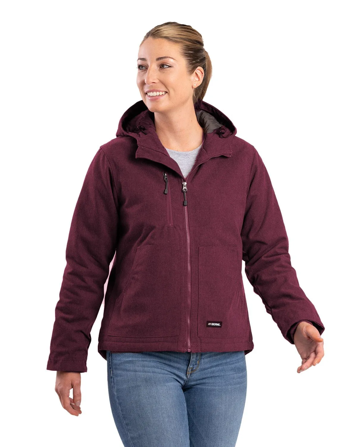 Berne Womens Heathered Duck Hooded Burgundy Cotton Blend Jacket