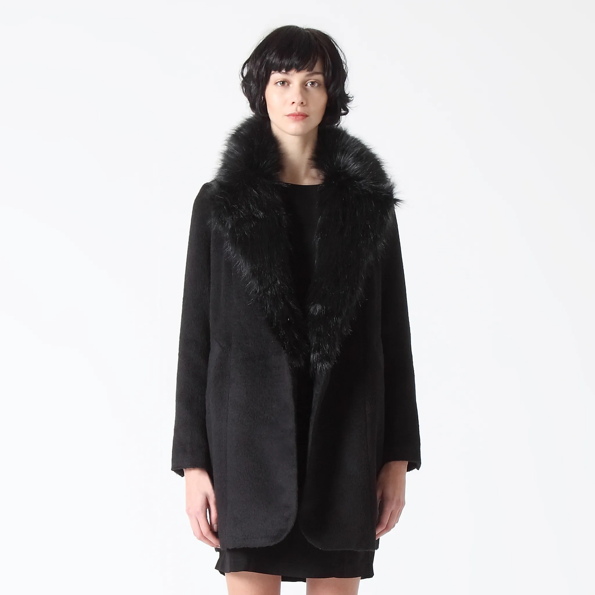 Black Coat with Long Faux Fur Collar