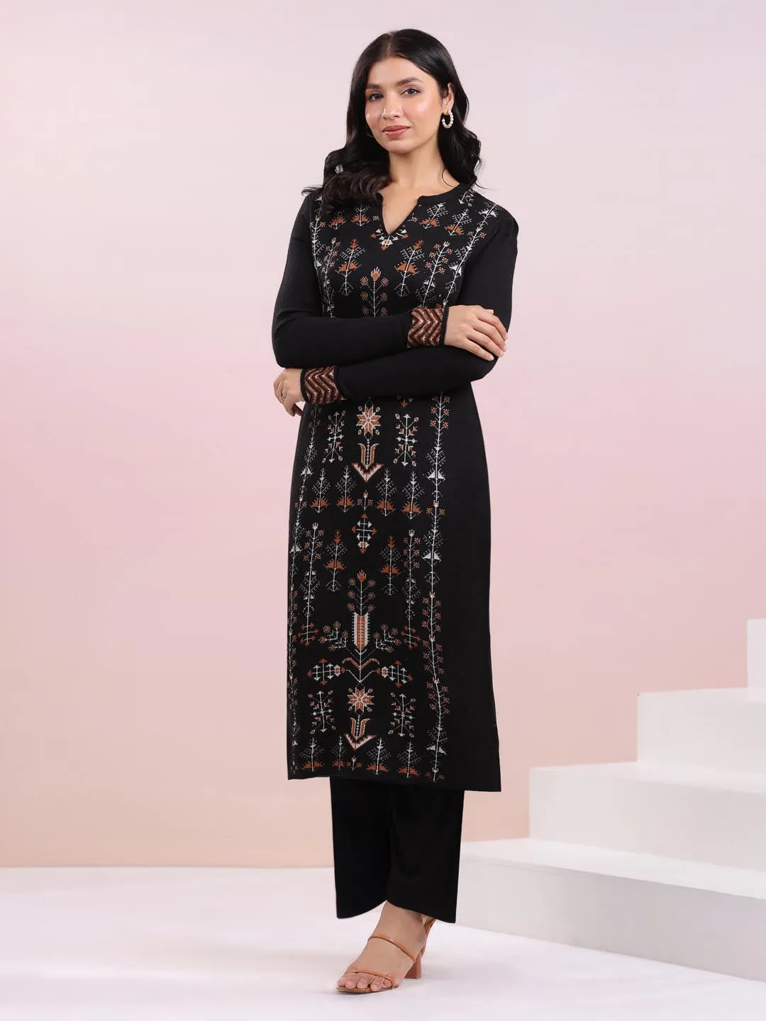 Black Woolen Geometric Straight Winter Kurta Set