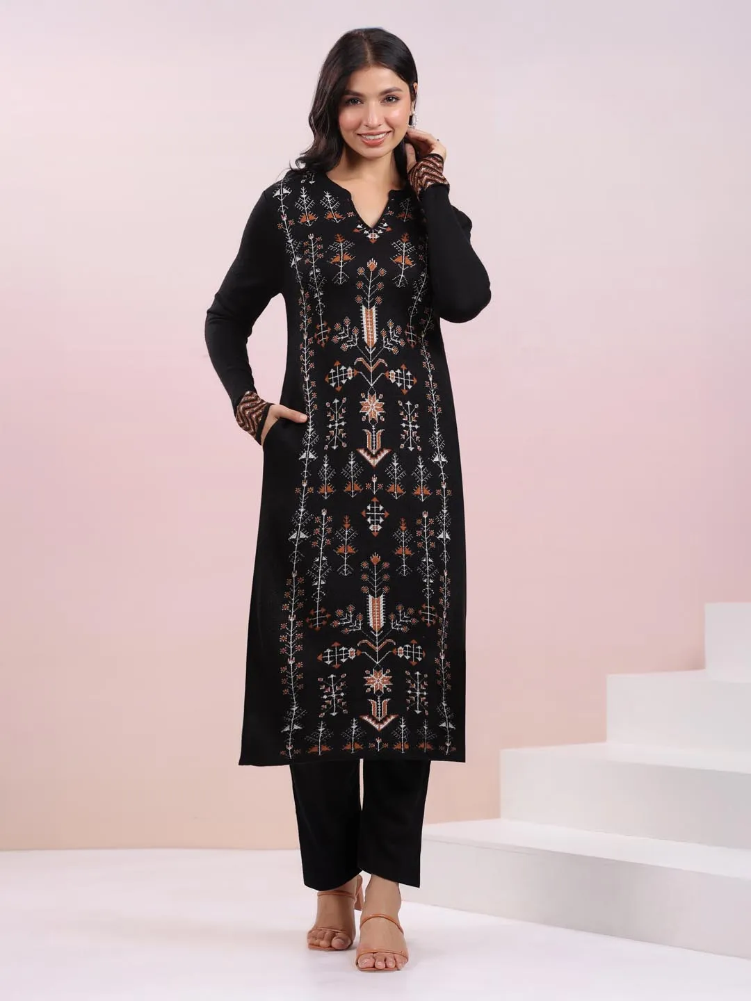 Black Woolen Geometric Straight Winter Kurta Set