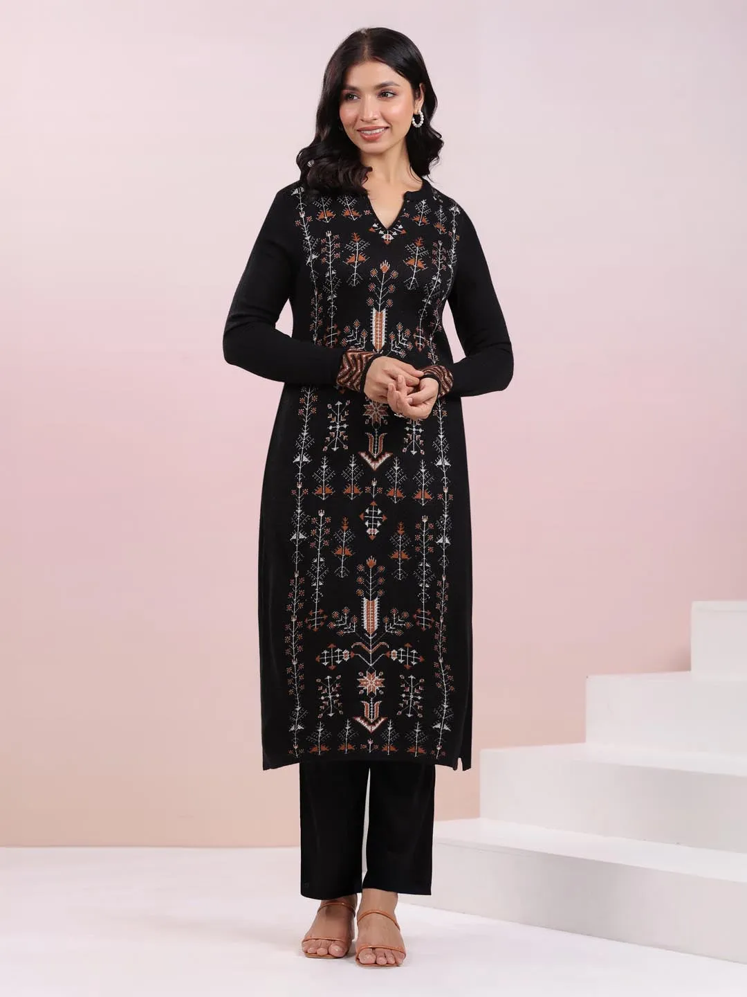 Black Woolen Geometric Straight Winter Kurta Set