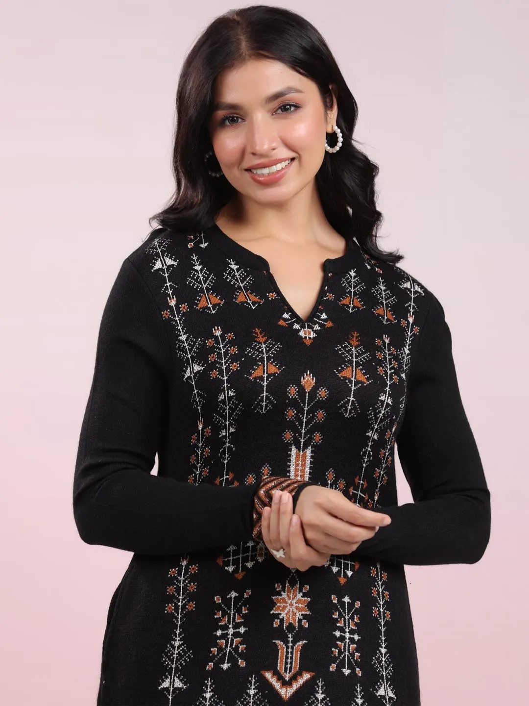 Black Woolen Geometric Straight Winter Kurta Set