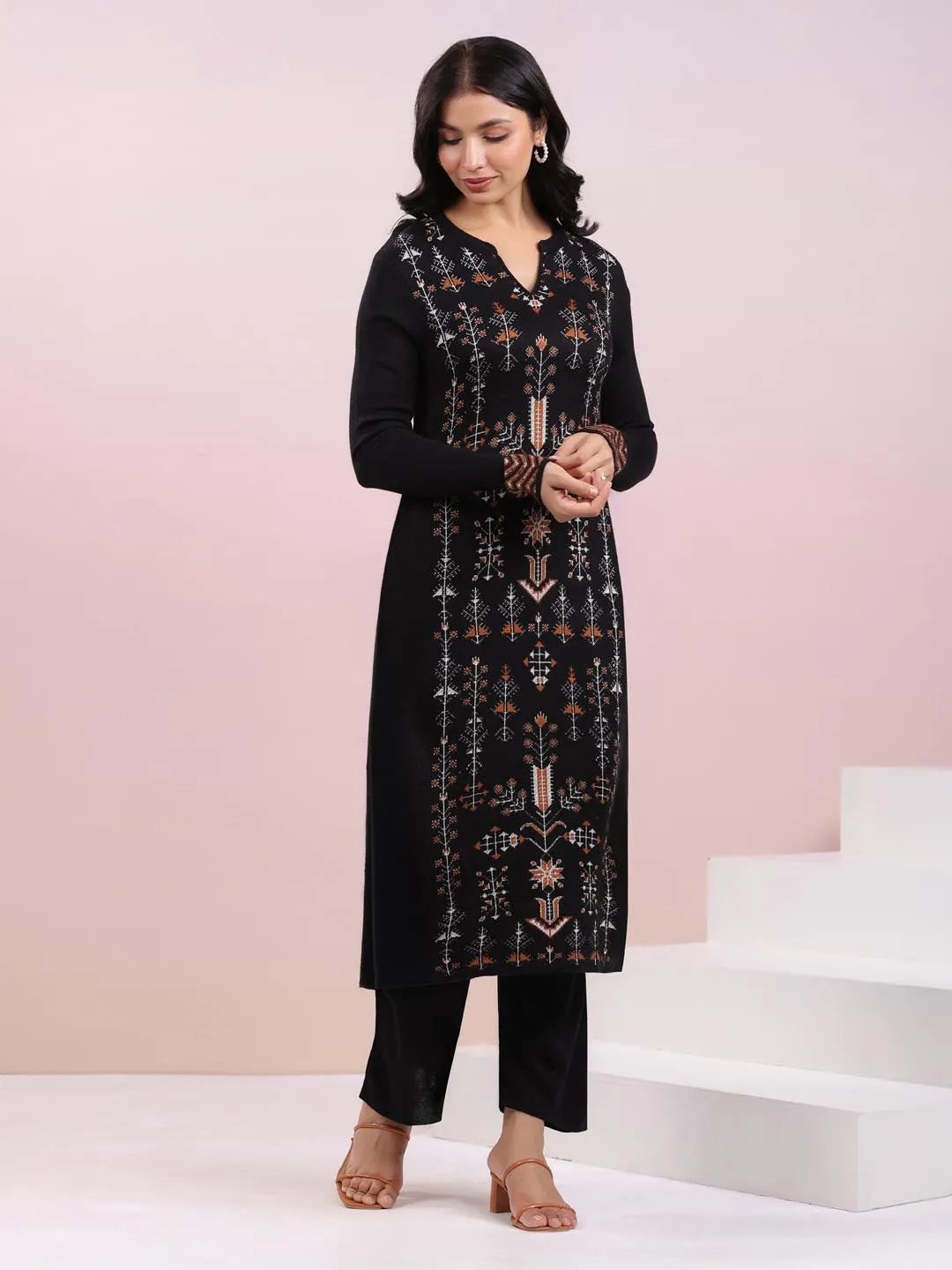 Black Woolen Geometric Straight Winter Kurta Set