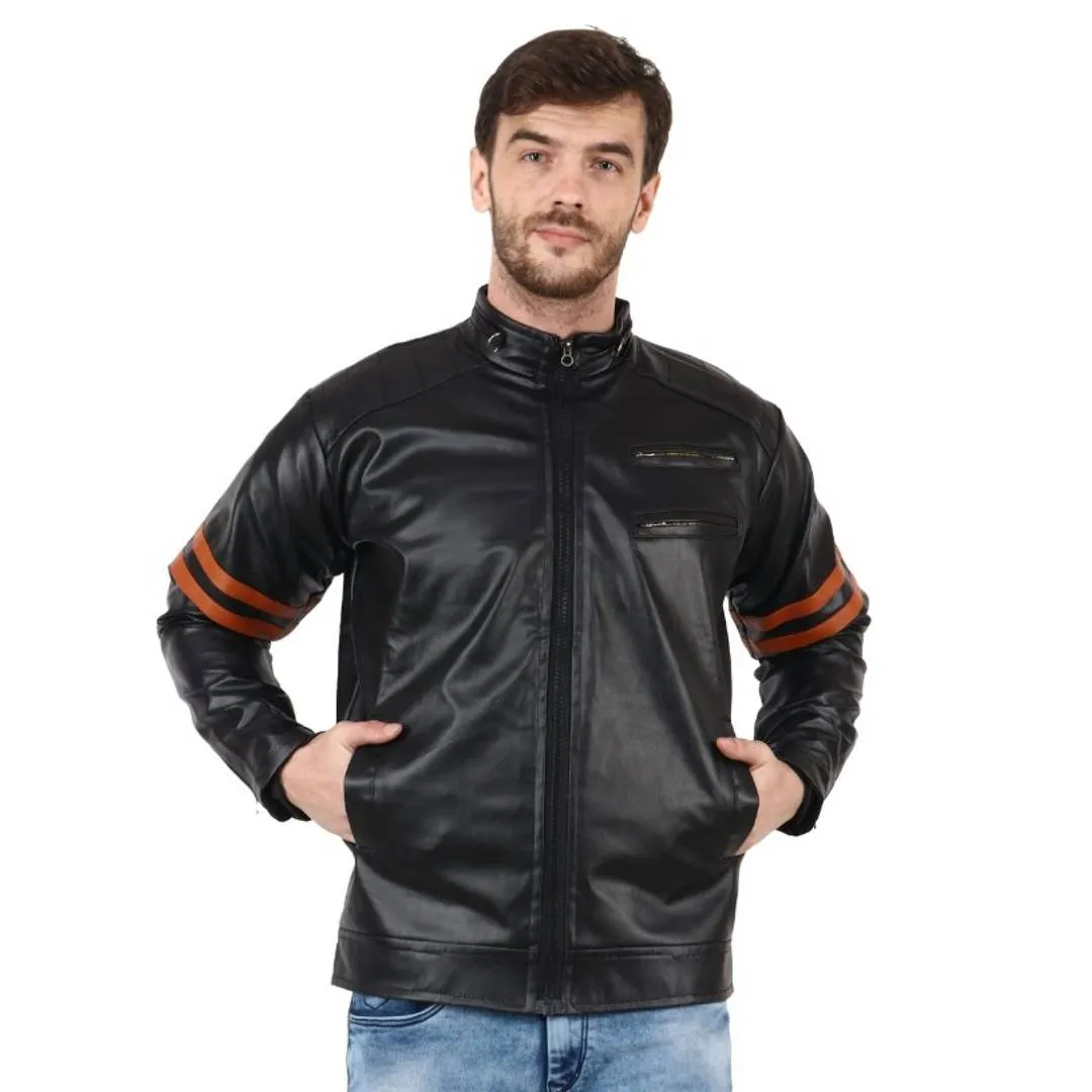 Branded High Quality Solid Black / Orange Faux Leather Jacket For Men & Boy's