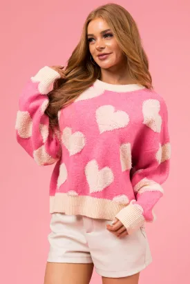 Bubblegum and Cream Heart Thick Fuzzy Sweater