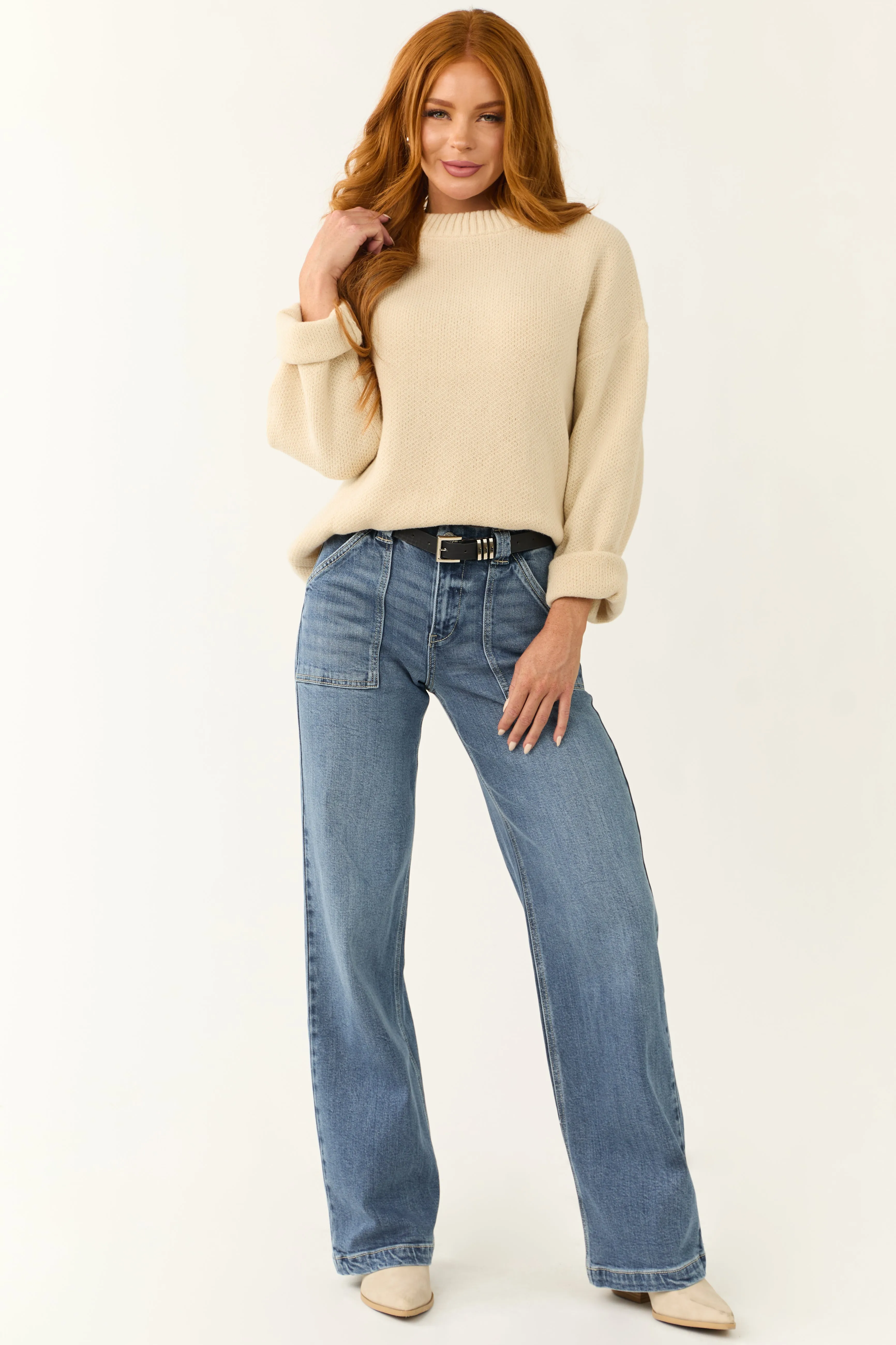 Cream Loose Sleeve Thick Knit Sweater