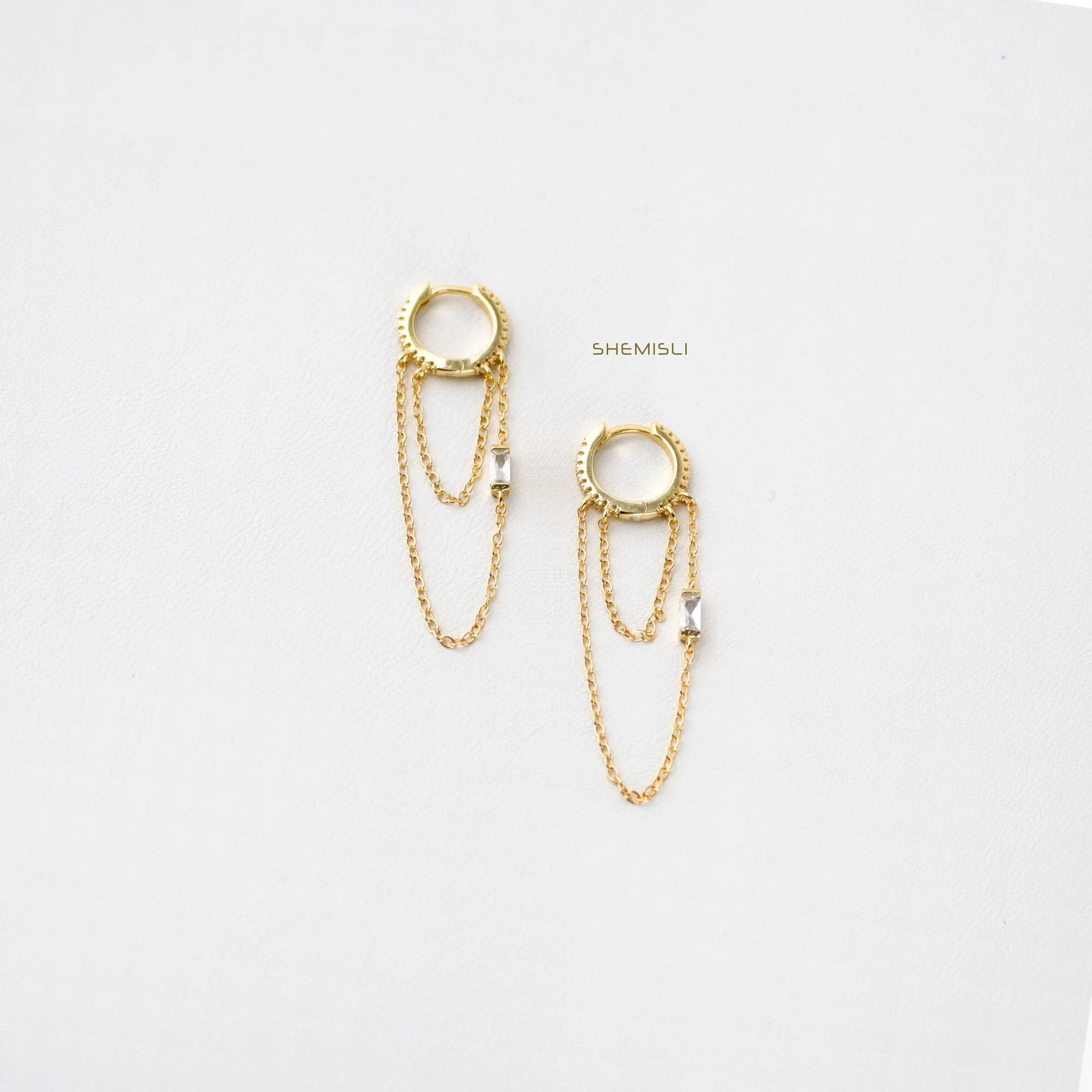 Dangle Chain CZ Hoop Earrings, Huggies, Unisex, Gold, Silver SHEMISLI - SH119, SH359, SH360, SH361, SH362