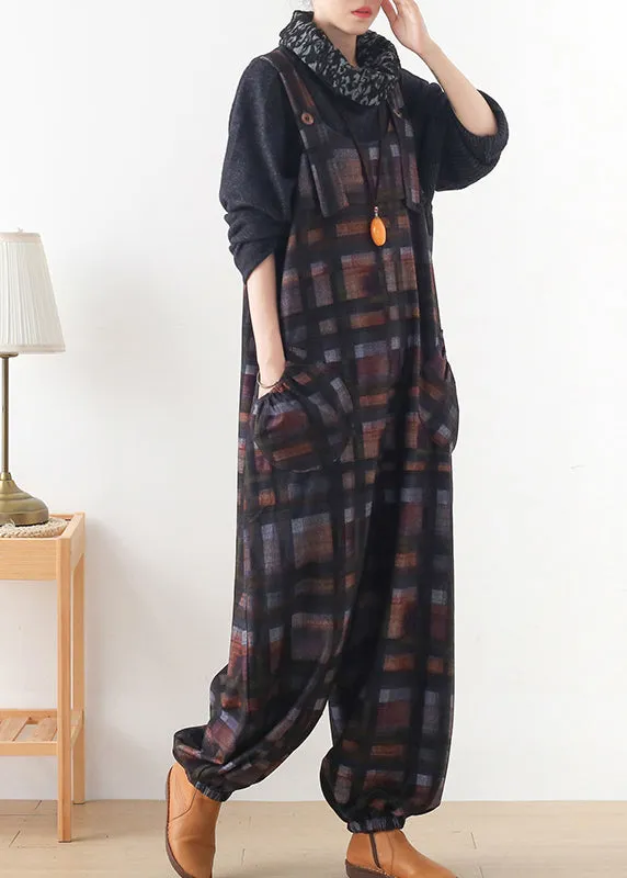 DIY Chocolate Colour Plaid Button Woolen Jumpsuit Pants Fall