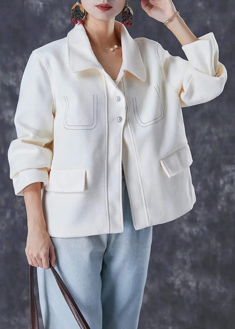 Fashion White Embroideried Woolen Coat Fall ML3067