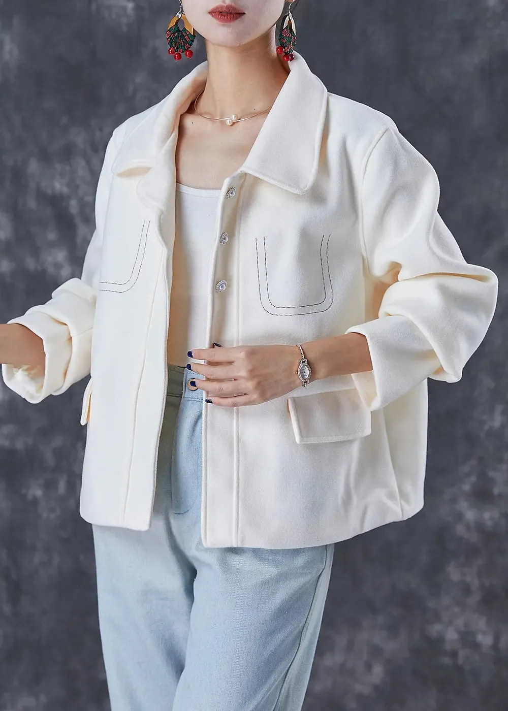 Fashion White Embroideried Woolen Coat Fall ML3067