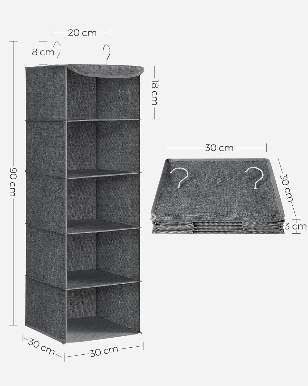 Foldable 5-Tier Hanging Wardrobe Organiser, Grey - SONGMICS