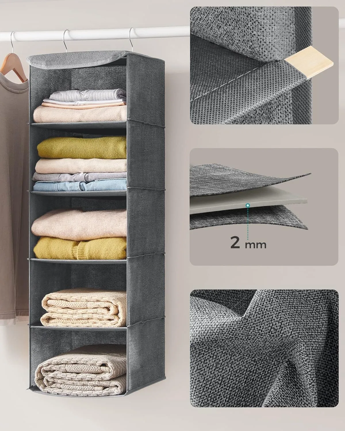 Foldable 5-Tier Hanging Wardrobe Organiser, Grey - SONGMICS