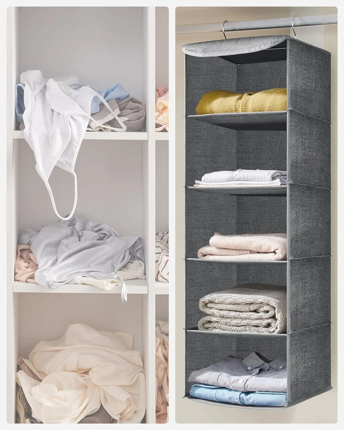 Foldable 5-Tier Hanging Wardrobe Organiser, Grey - SONGMICS