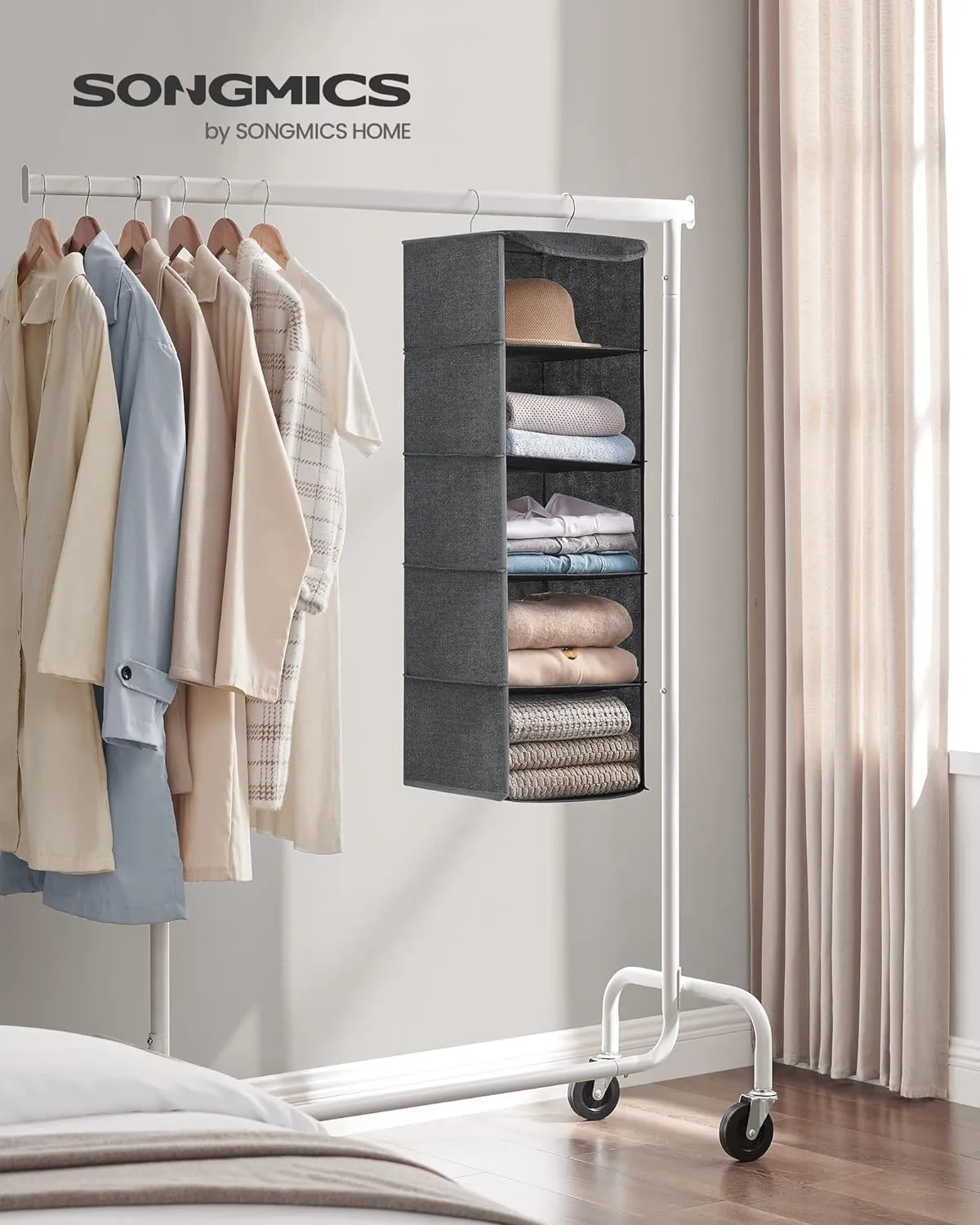 Foldable 5-Tier Hanging Wardrobe Organiser, Grey - SONGMICS