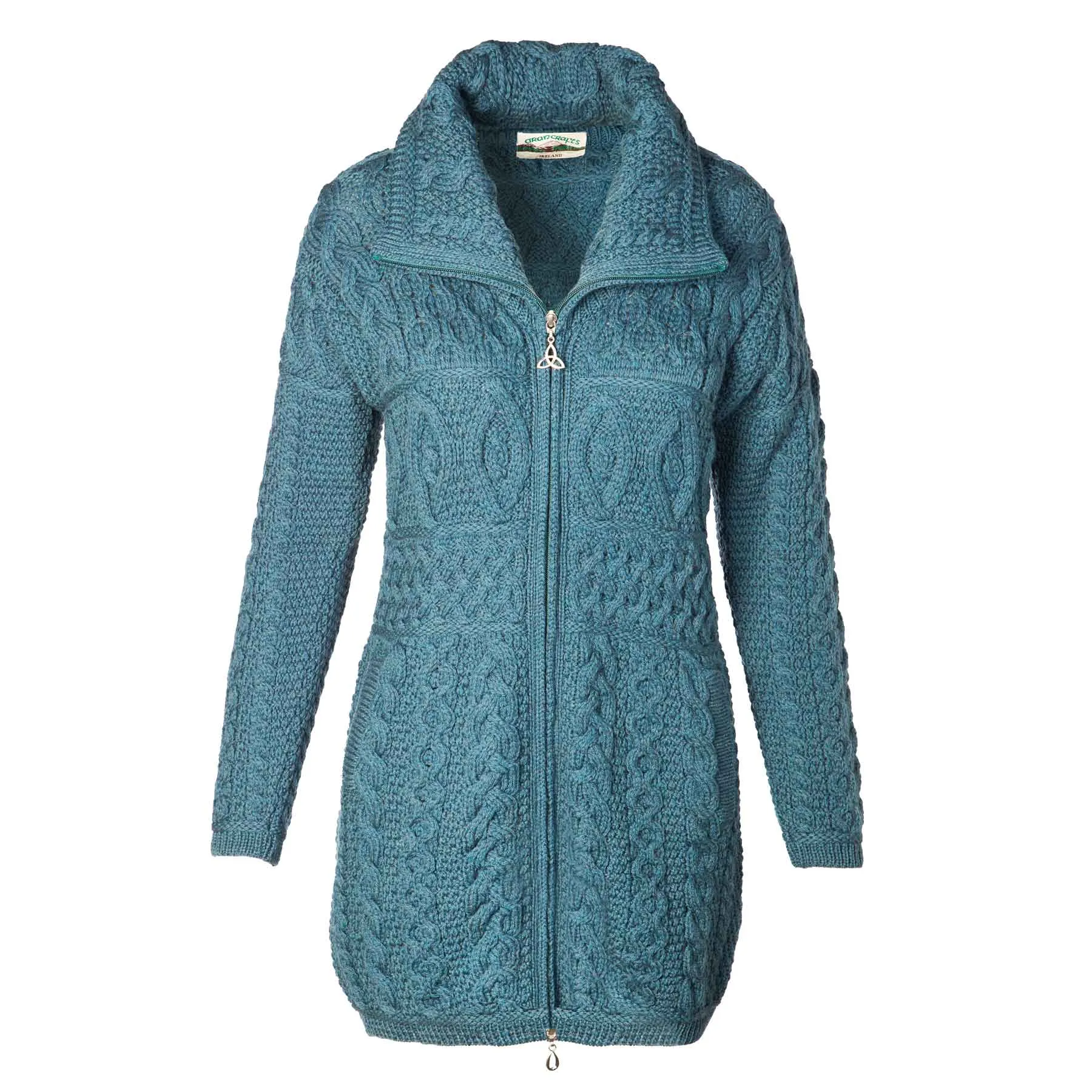 Glendalough Double Collar Zip Up Aran Knit Coat- Peacock