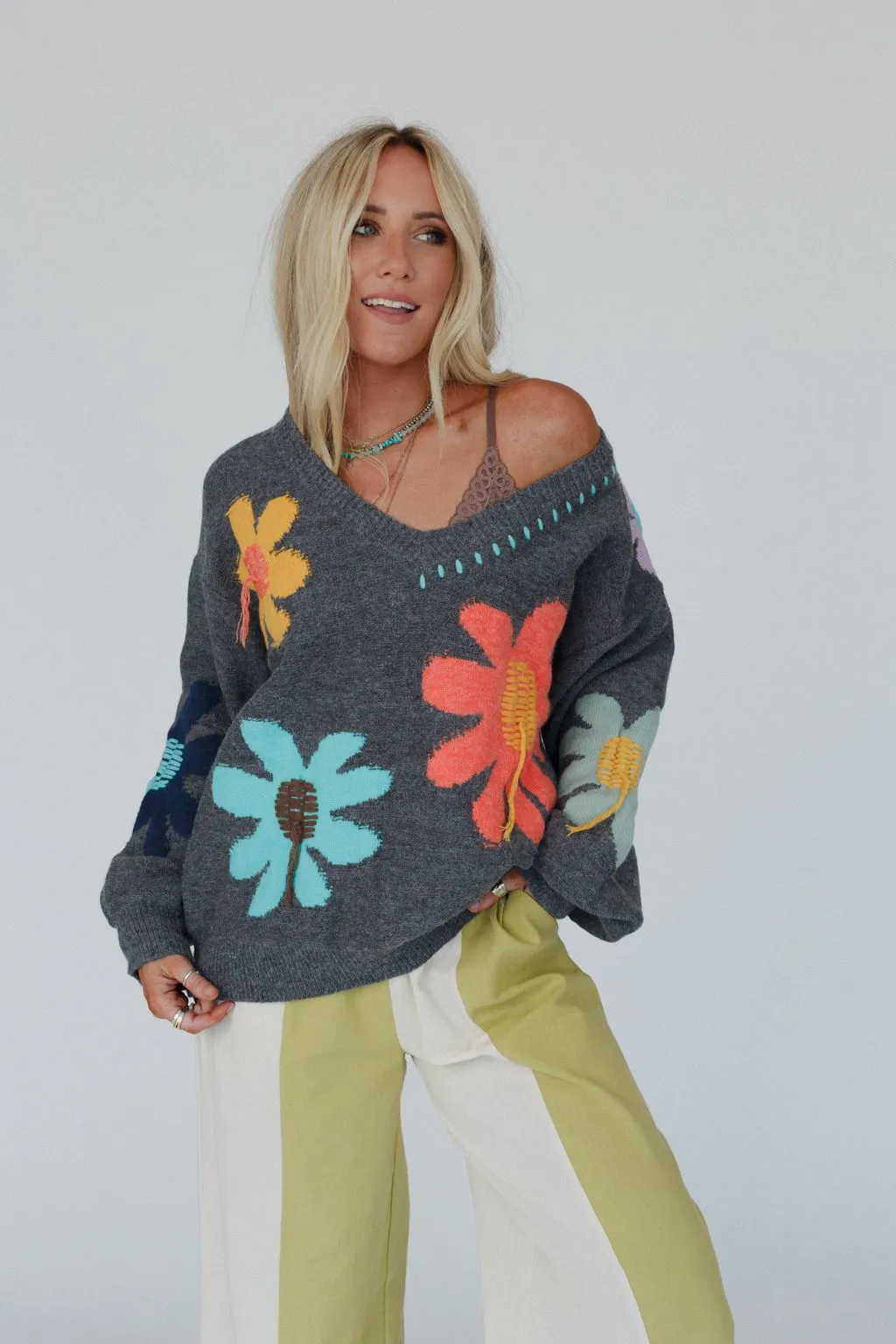 Good Mood Flower Print Sweater - Charcoal