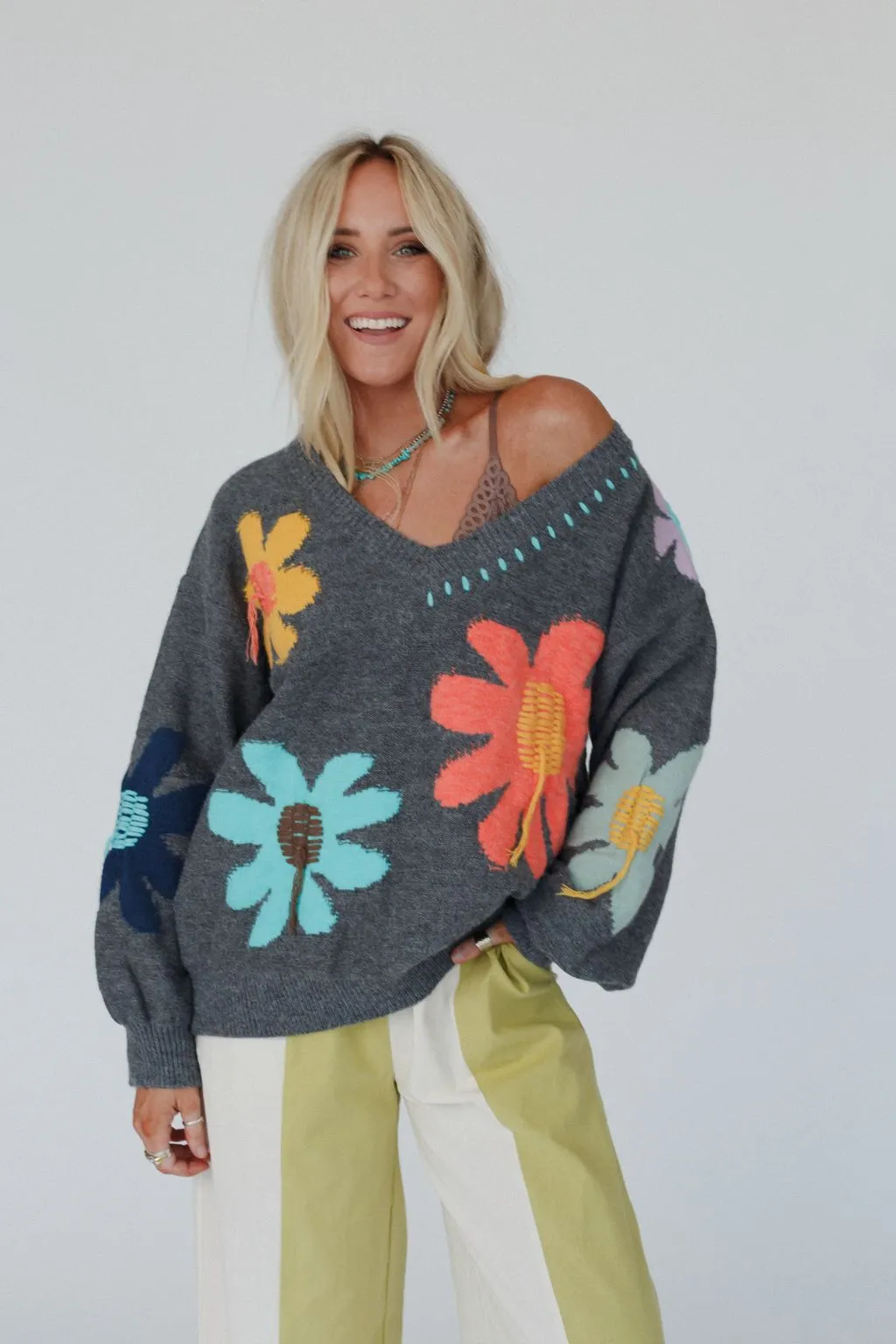 Good Mood Flower Print Sweater - Charcoal