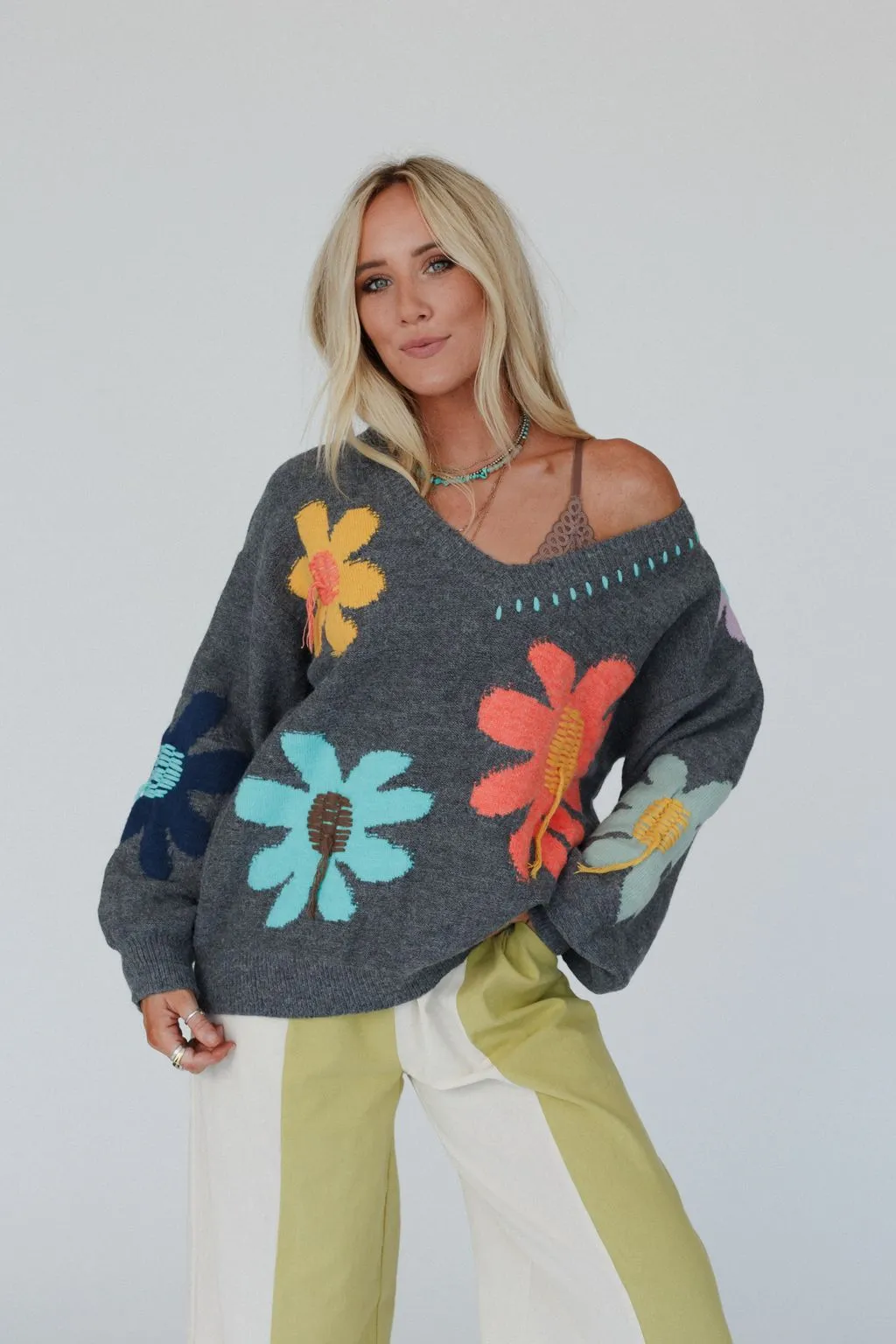 Good Mood Flower Print Sweater - Charcoal