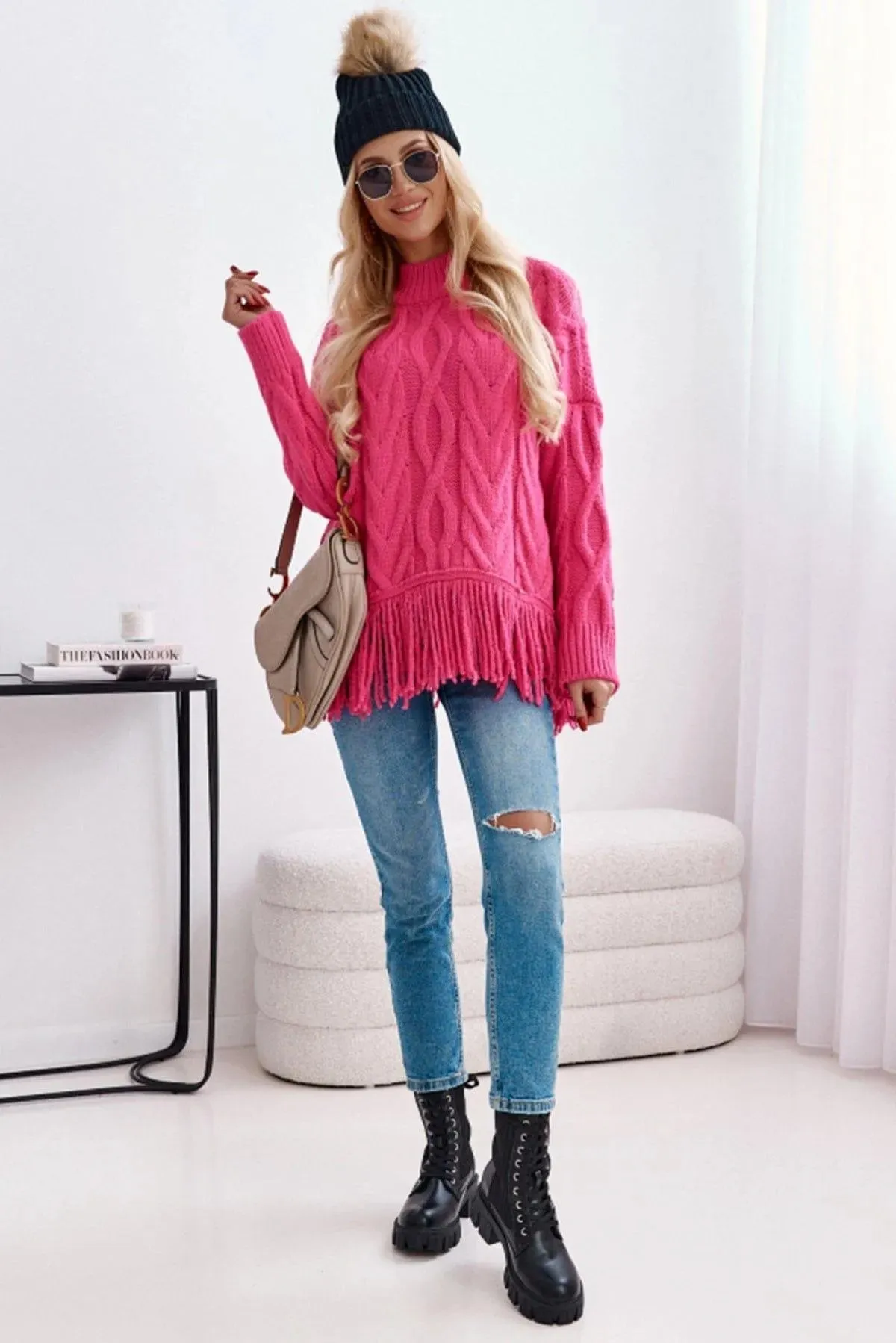 High Neck Cable Knit Tasseled Sweater Rose