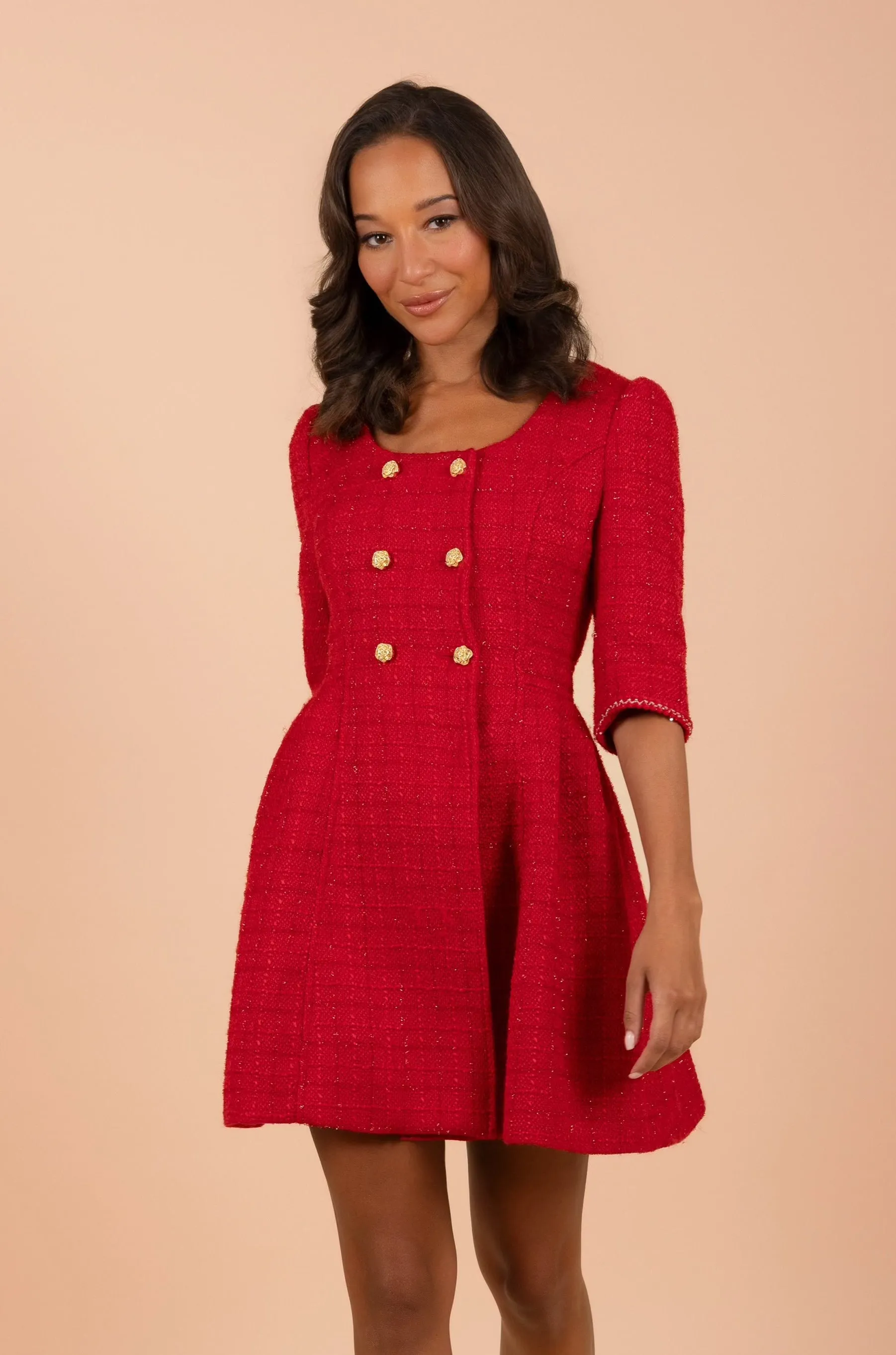 'Kelly' Wool Tweed Dress Coat in Rosso