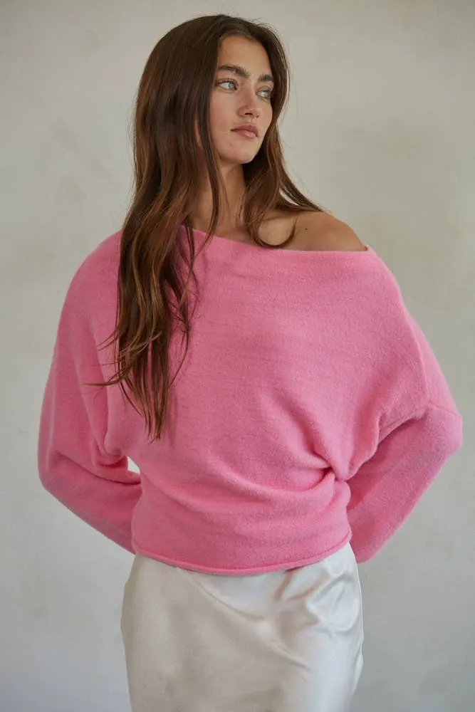 Knit Sweater Boat Neck Long Sleeve Pullover Top