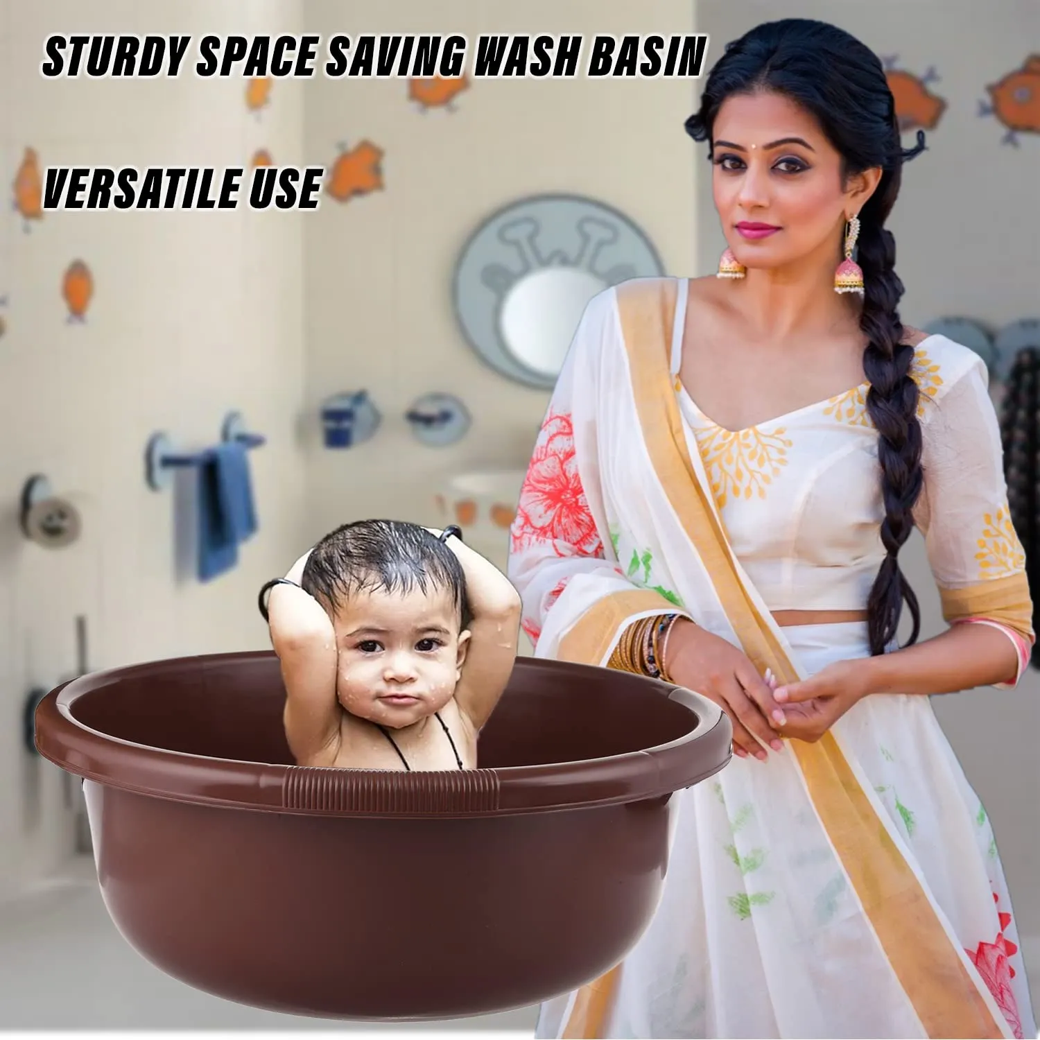 Kuber Industries Bath Tub|Versatile Plastic Utility Gaint Tub|Durable Deep Tub for Baby Bathing|Washing Clothes|Feeding Pan|26 Liter|Pack of 2 (Brown)