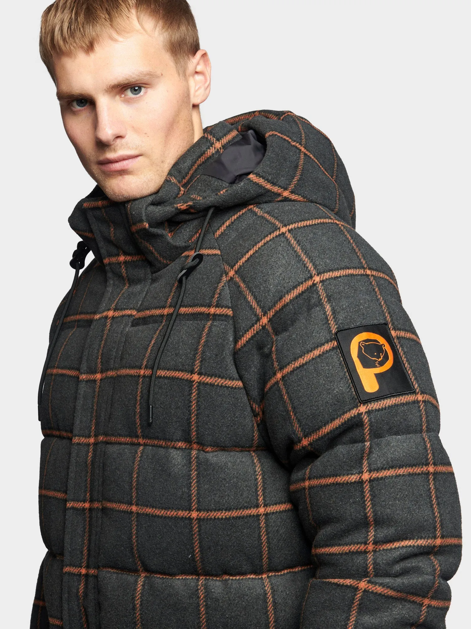 Longline Check Puffer Jacket in Ebony