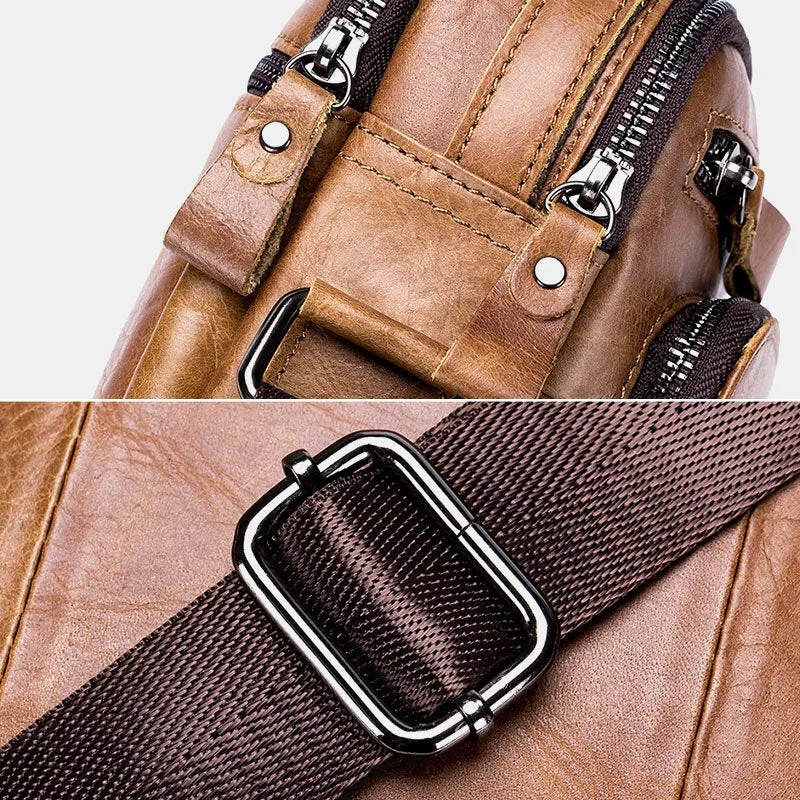 Men Multi-pocket Genuine Leather Crossbody Bags Back Anti-theft Pocket Design Wear-resistant Large Capacity Messenger Bag Handbag