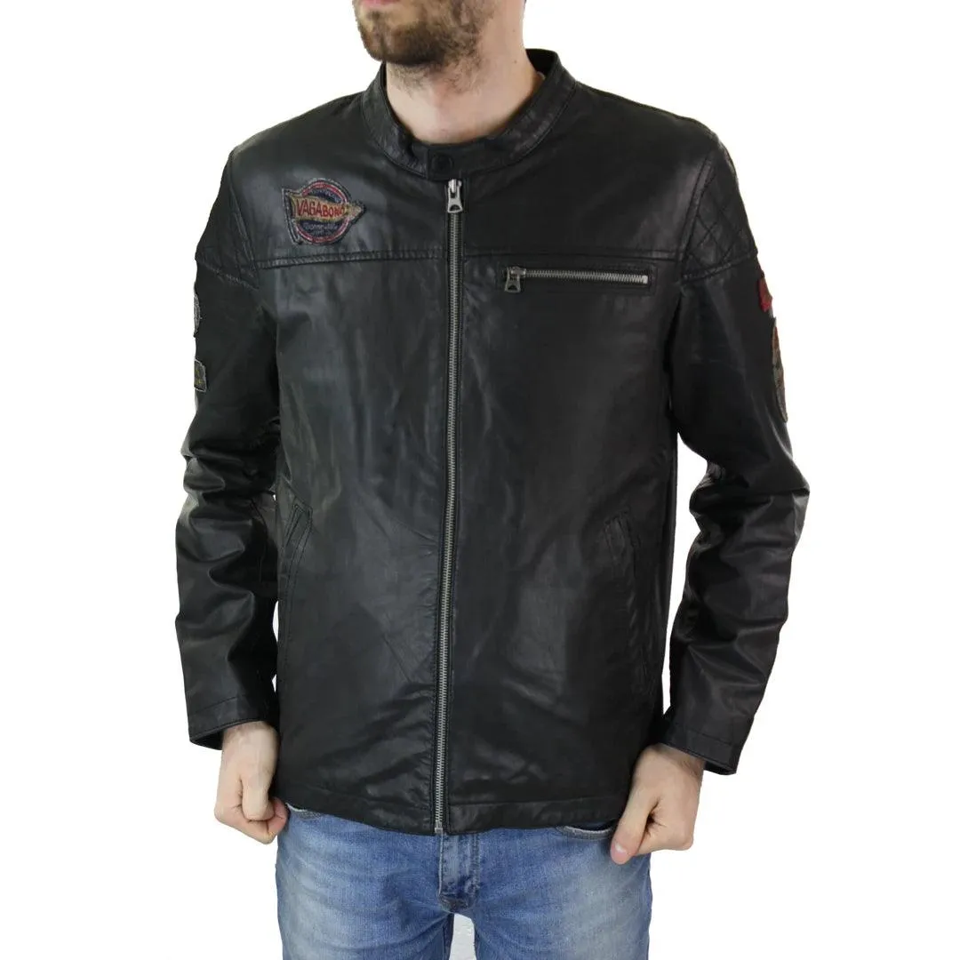 Mens Black Distressed Biker Zip Racing Jacket Badge Nehru Vintage Retro Motorcycle