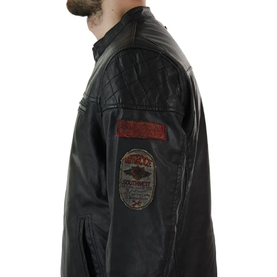 Mens Black Distressed Biker Zip Racing Jacket Badge Nehru Vintage Retro Motorcycle