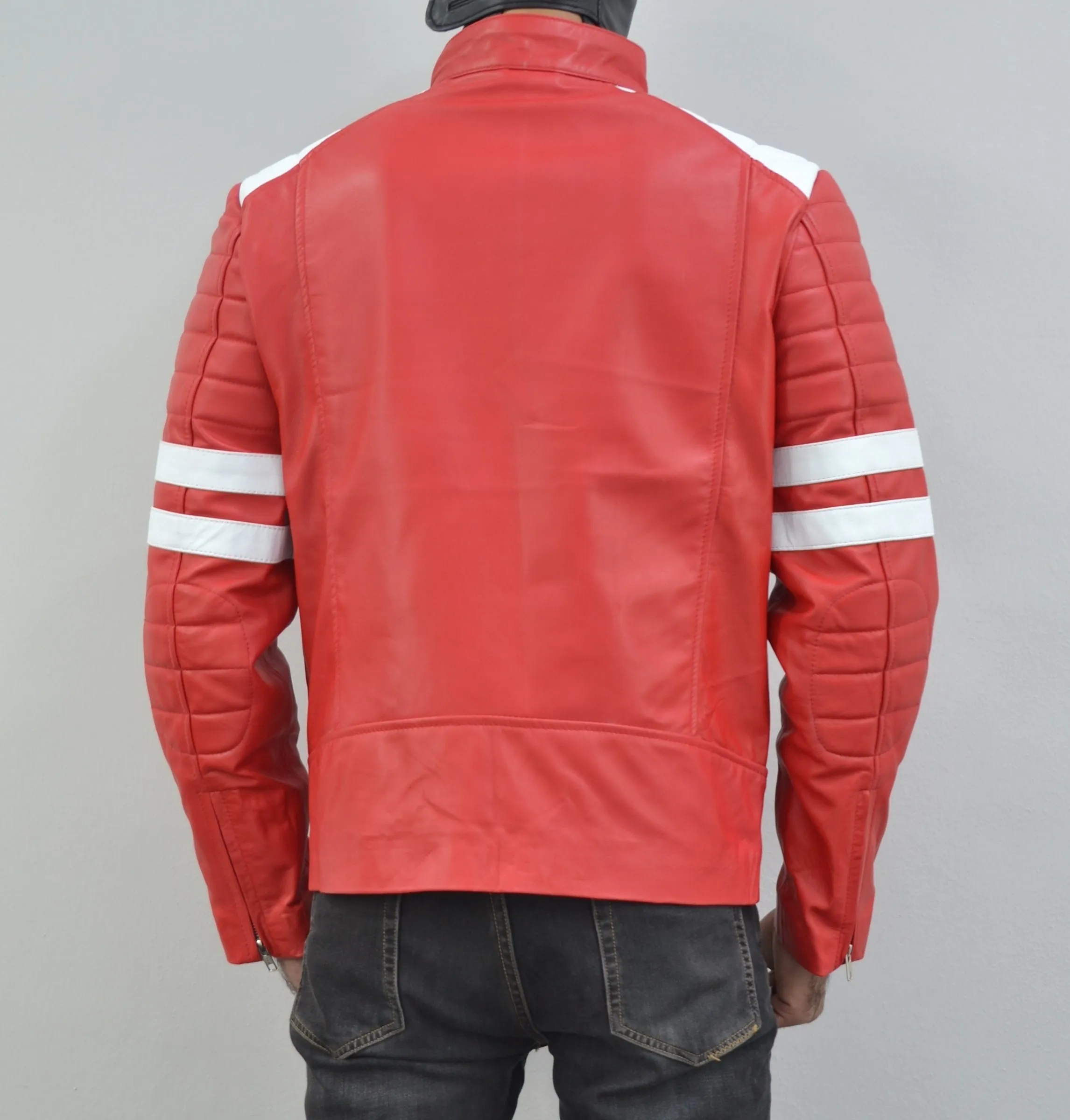 Mens Fight Club Brad Pitt Red And White Stripe Racer Leather Jacket