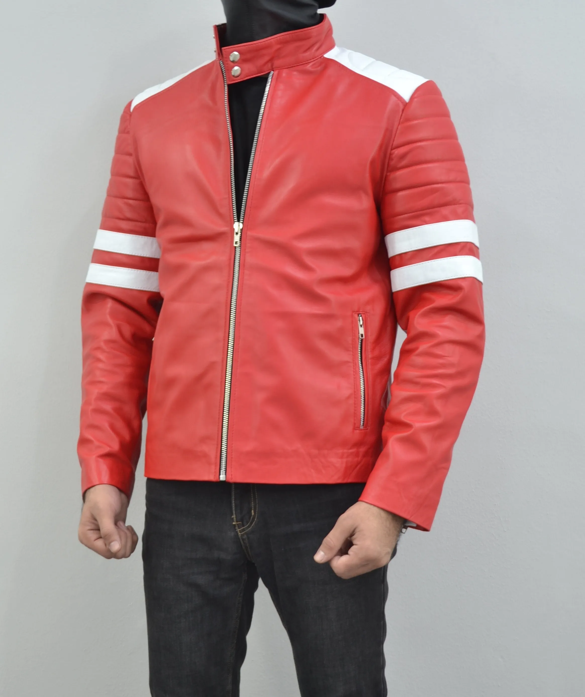 Mens Fight Club Brad Pitt Red And White Stripe Racer Leather Jacket