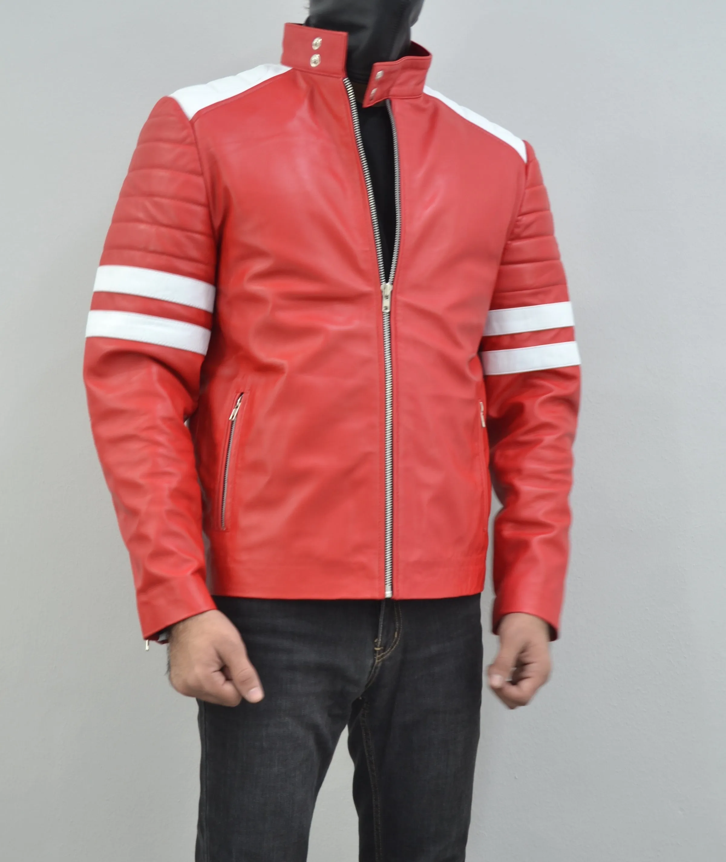 Mens Fight Club Brad Pitt Red And White Stripe Racer Leather Jacket