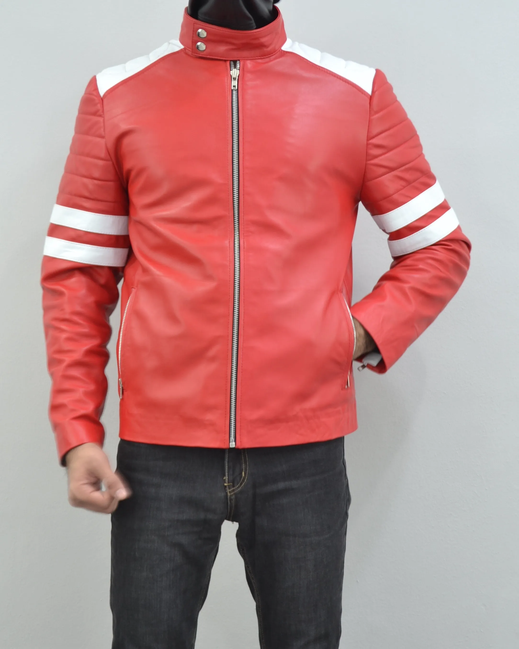 Mens Fight Club Brad Pitt Red And White Stripe Racer Leather Jacket