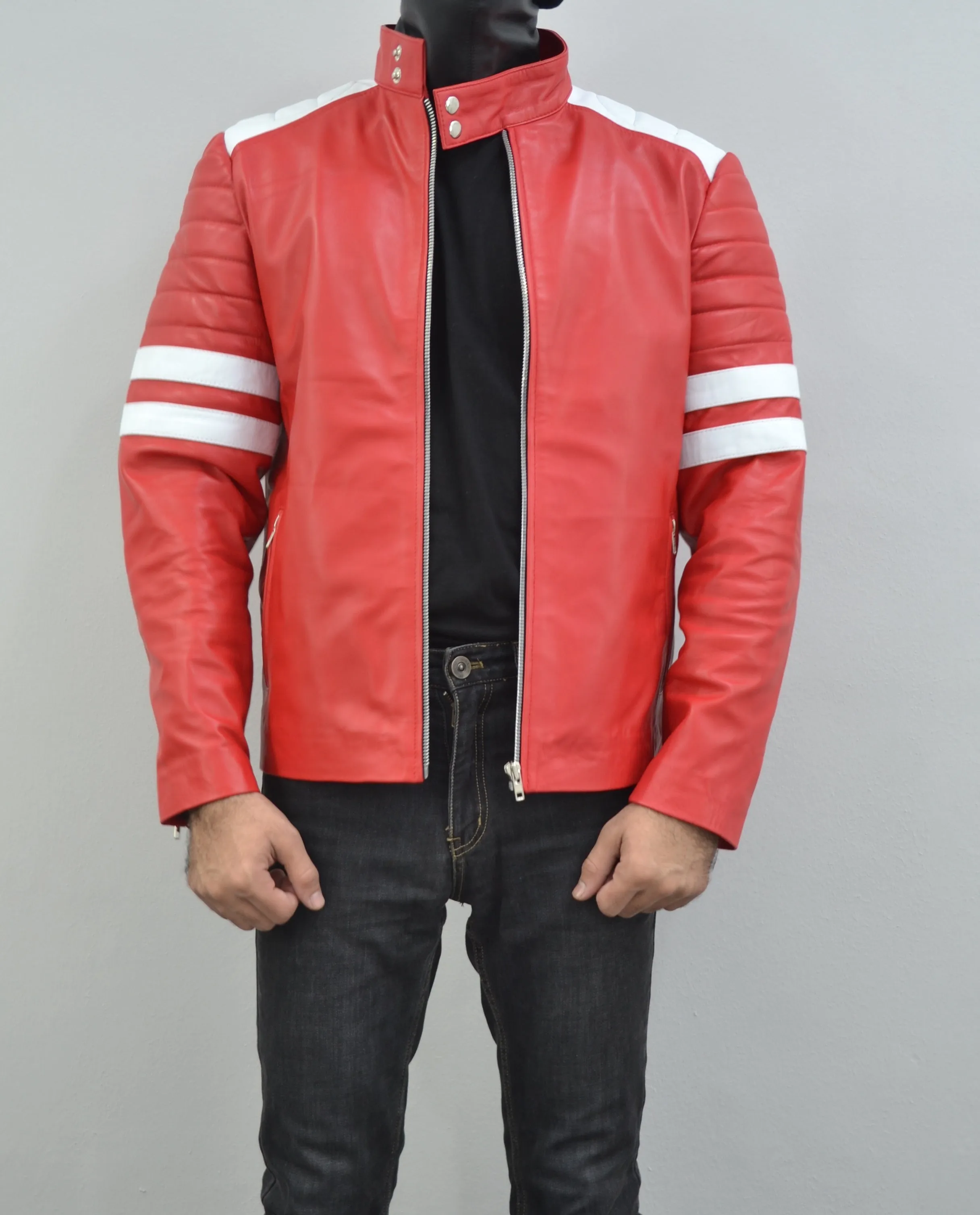 Mens Fight Club Brad Pitt Red And White Stripe Racer Leather Jacket