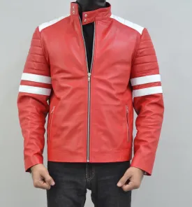 Mens Fight Club Brad Pitt Red And White Stripe Racer Leather Jacket