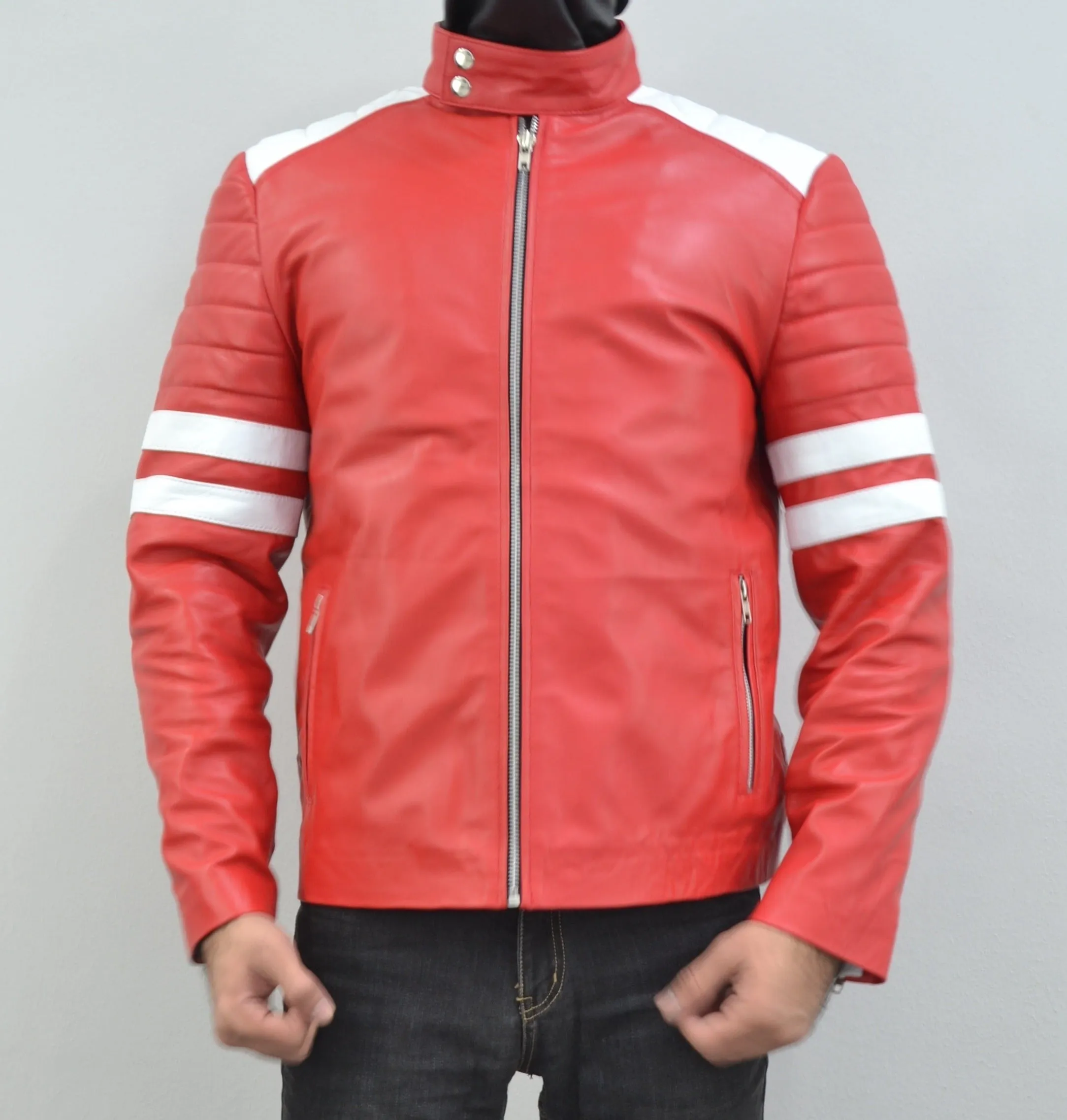 Mens Fight Club Brad Pitt Red And White Stripe Racer Leather Jacket