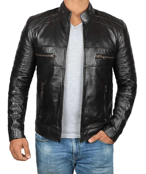 Men's Lambskin Black Leather Cafe Racer Jacket