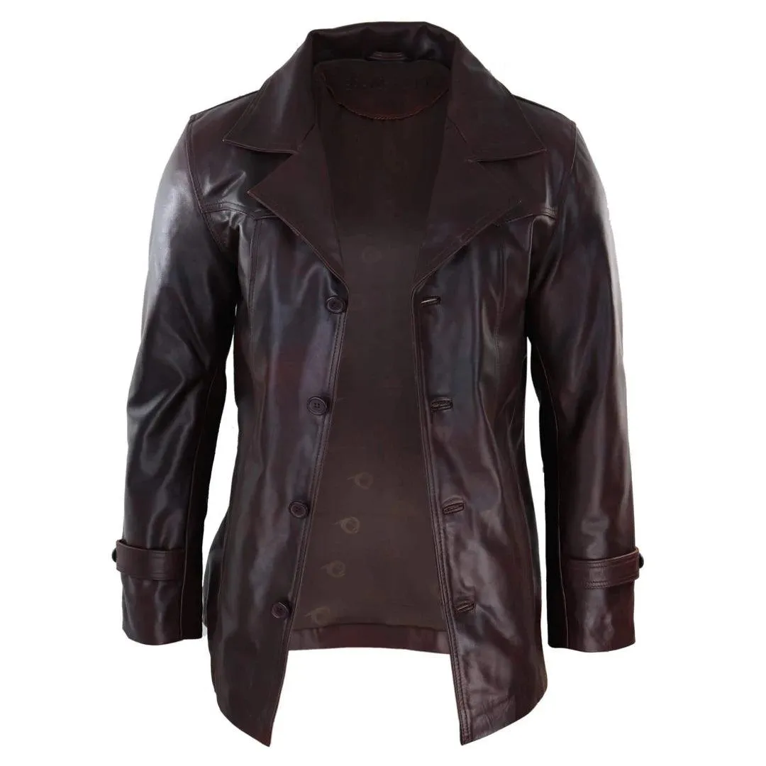 Mens Real Leather Coat Jacket Classic Wine Black Fit Smart Casual