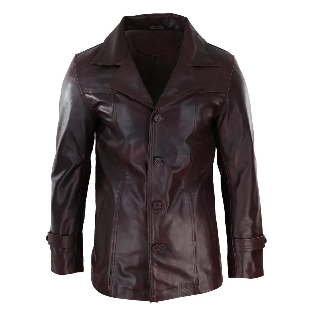 Mens Real Leather Coat Jacket Classic Wine Black Fit Smart Casual