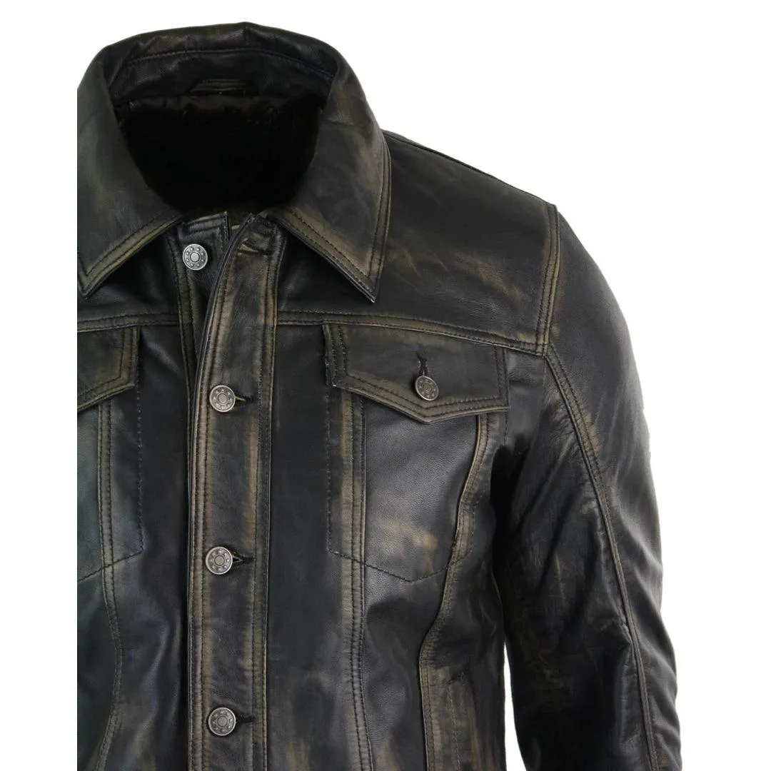 Mens Vintage Retro Jeans Jacket Style Real Leather Short Washed Biker