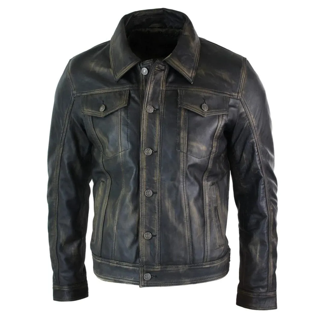 Mens Vintage Retro Jeans Jacket Style Real Leather Short Washed Biker