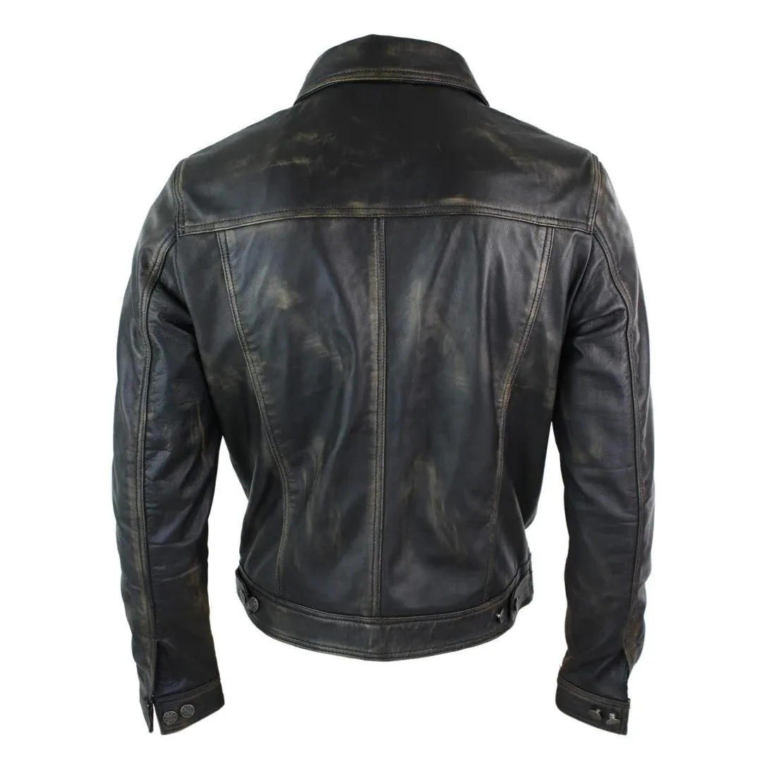 Mens Vintage Retro Jeans Jacket Style Real Leather Short Washed Biker